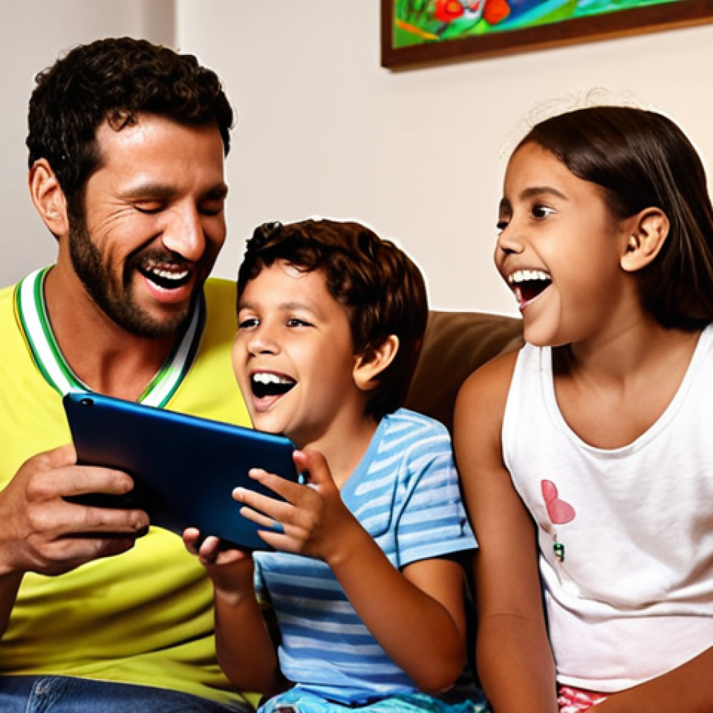 **
"A happy family (parents and two young children) singing karaoke at home. The lyrics to a Mini Force song are displayed on a tablet. Everyone is smiling and holding toy microphones. The living room is cozy and decorated for a fun family night in Brazil."
**