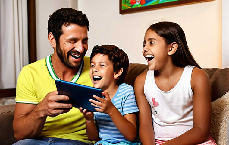 **
"A happy family (parents and two young children) singing karaoke at home. The lyrics to a Mini Force song are displayed on a tablet. Everyone is smiling and holding toy microphones. The living room is cozy and decorated for a fun family night in Brazil."
**