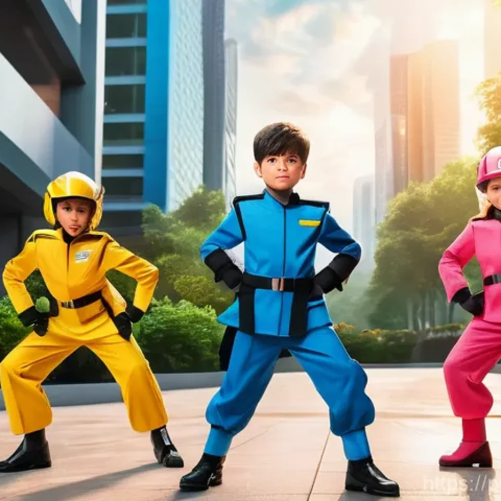 미니특공대 주제가 가사 분석 - A vibrant, action-packed scene featuring the four Miniforce heroes, Volt (blue uniform), Sammy (red ...