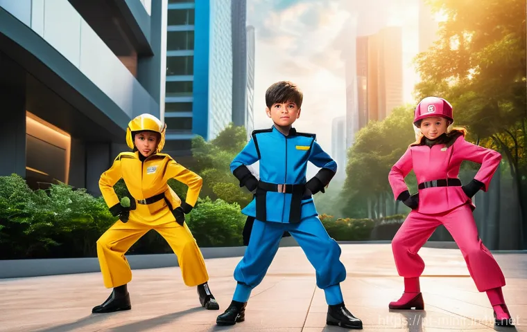 미니특공대 주제가 가사 분석 - A vibrant, action-packed scene featuring the four Miniforce heroes, Volt (blue uniform), Sammy (red ...