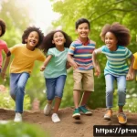 Home 21 미니특공대 세미의 주요 대사 분석 - A cheerful, diverse group of children playing together outdoors in a bright park setting during dayt...