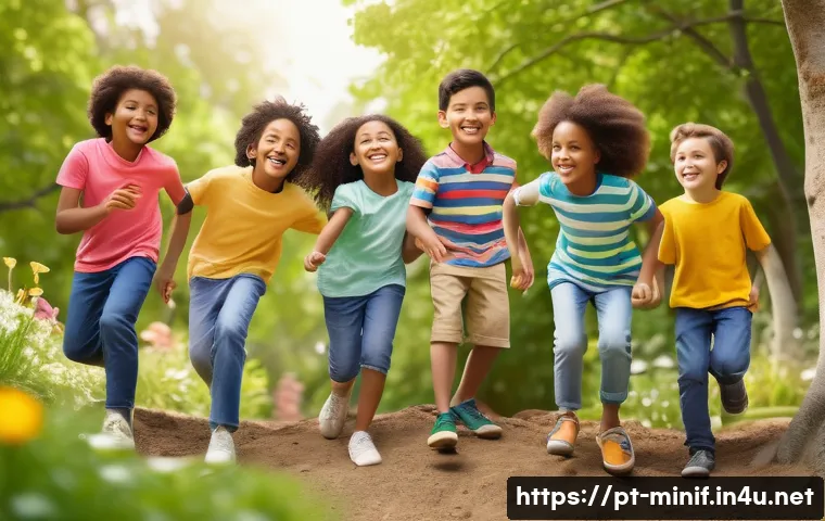 미니특공대 세미의 주요 대사 분석 - A cheerful, diverse group of children playing together outdoors in a bright park setting during dayt...